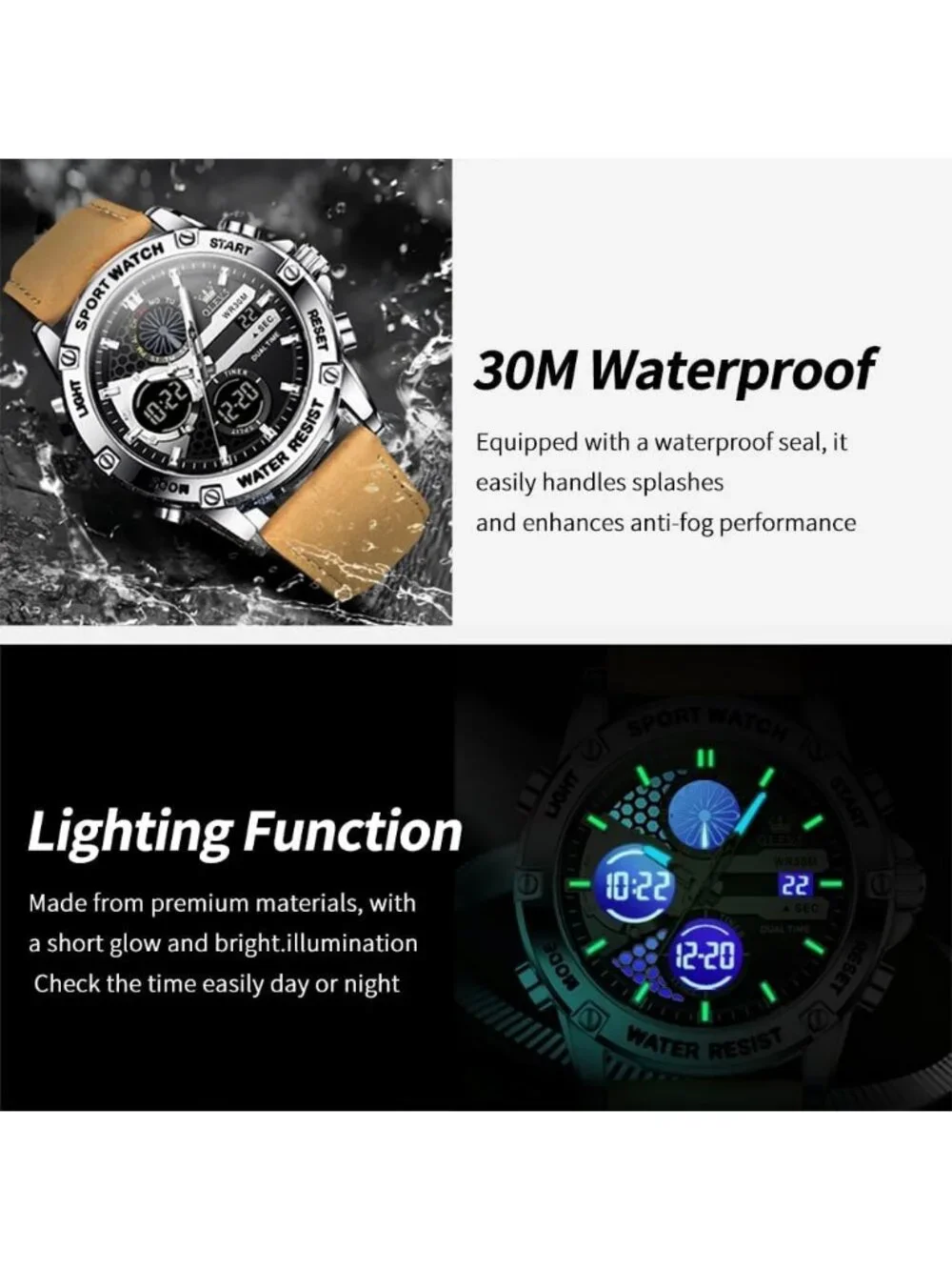 Men's Brown Silver Leather Chronograph Fashion Digital Waterproof Wrist Watch